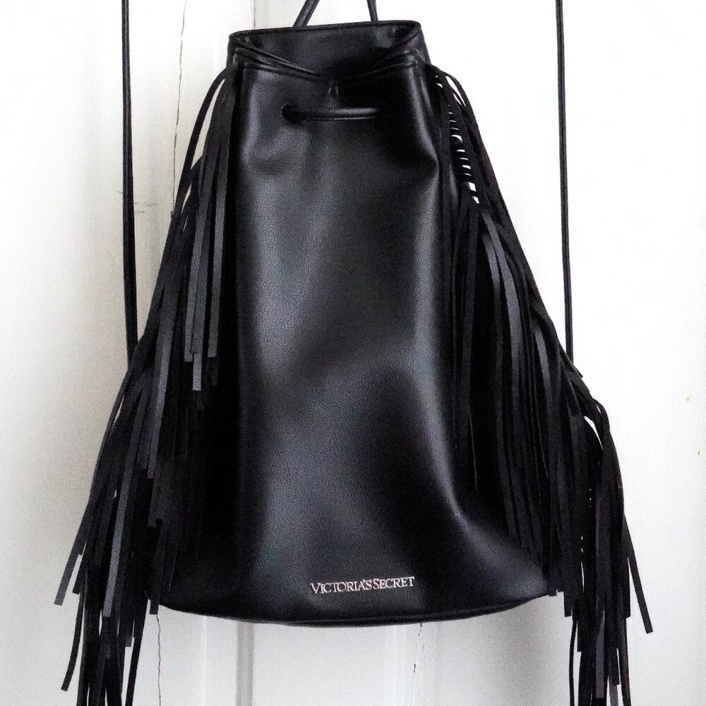 Victoria's Secret Black Faux Leather Fringe Drawstring Backpack